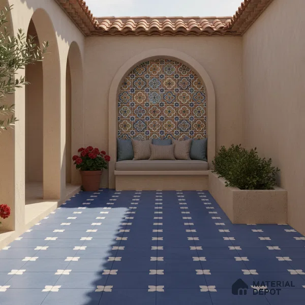 Parking Moroccan Floor Tile TL 08205 B Bloom Azul 16 inch x 16 inch | Vitrified Anti Slip Matte Finish Heavy Duty Tile - 12 mm | Suitable For Bathroom, Parking, Balcony | Pattern Alignment May Vary | 2-3 mm Spacer is Mandatory