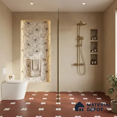 Parking Moroccan Floor Tile TL 08205 C Bloom Cotto 16 inch x 16 inch | Vitrified Anti Slip Matte Finish Heavy Duty Tile - 12 mm | Suitable For High Traffic Areas, Parking, Balcony | Pattern Alignment May Vary | 2-3 mm Spacer is Mandatory (Sample)