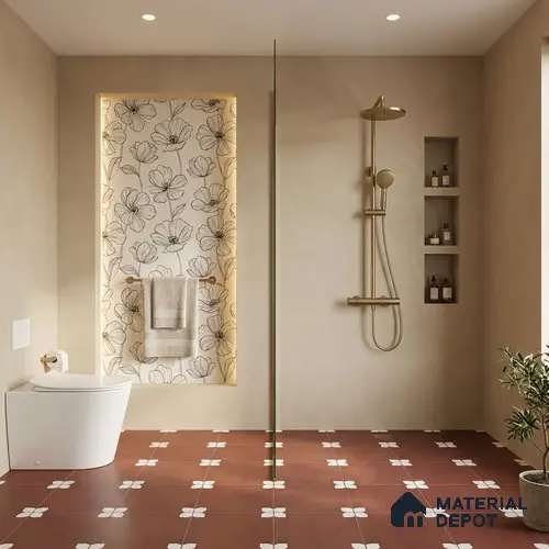 Parking Moroccan Floor Tile TL 08205 C Bloom Cotto 16 inch x 16 inch | Vitrified Anti Slip Matte Finish Heavy Duty Tile - 12 mm | Suitable For High Traffic Areas, Parking, Balcony | Pattern Alignment May Vary | 2-3 mm Spacer is Mandatory