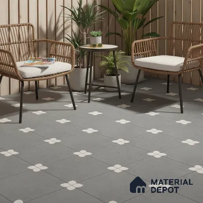 Parking Moroccan Floor Tile TL 08205 D Bloom Gris 16 inch x 16 inch | Vitrified Anti Slip Matte Finish Heavy Duty Tile - 12 mm | Suitable For Bathroom, Parking, Balcony | Pattern Alignment May Vary | 2-3 mm Spacer is Mandatory
