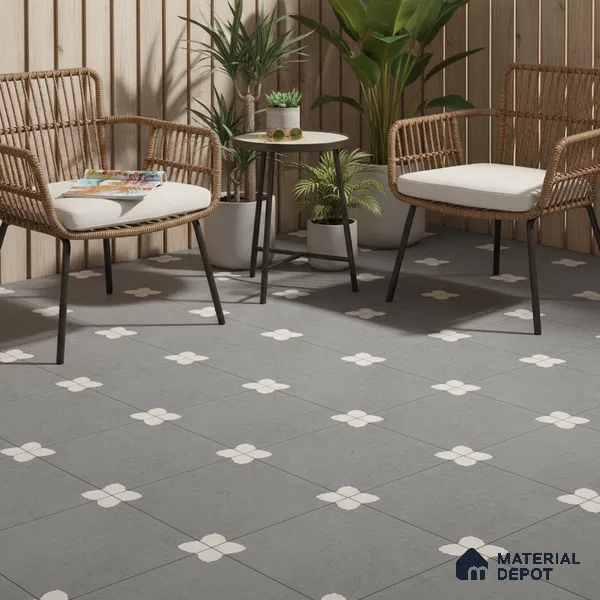 Parking Moroccan Floor Tile TL 08205 D Bloom Gris 16 inch x 16 inch | Vitrified Anti Slip Matte Finish Heavy Duty Tile - 12 mm | Suitable For Bathroom, Parking, Balcony | Pattern Alignment May Vary | 2-3 mm Spacer is Mandatory
