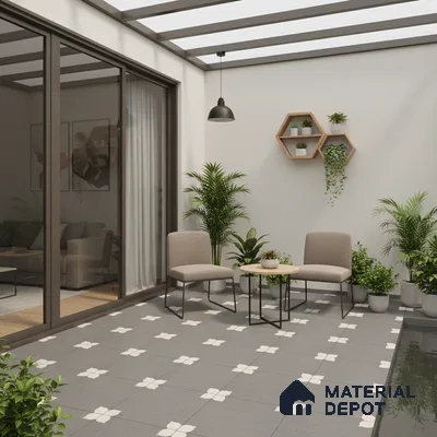 Parking Moroccan Floor Tile TL 08205 D Bloom Gris 16 inch x 16 inch | Vitrified Anti Slip Matte Finish Heavy Duty Tile - 12 mm | Suitable For Bathroom, Parking, Balcony | Pattern Alignment May Vary | 2-3 mm Spacer is Mandatory
