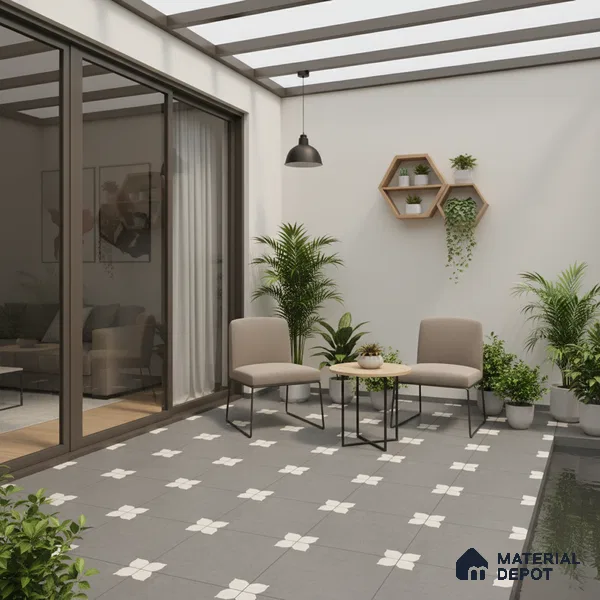 Parking Moroccan Floor Tile TL 08205 D Bloom Gris 16 inch x 16 inch | Vitrified Anti Slip Matte Finish Heavy Duty Tile - 12 mm | Suitable For Bathroom, Parking, Balcony | Pattern Alignment May Vary | 2-3 mm Spacer is Mandatory