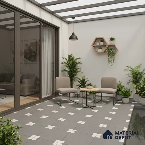Parking Moroccan Floor Tile TL 08205 D Bloom Gris 16 inch x 16 inch | Vitrified Anti Slip Matte Finish Heavy Duty Tile - 12 mm | Suitable For Bathroom, Parking, Balcony | Pattern Alignment May Vary | 2-3 mm Spacer is Mandatory