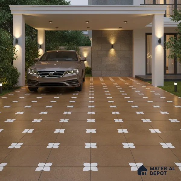 Parking Moroccan Floor Tile TL 08205 Bloom Cafe 16 inch x 16 inch | Vitrified Anti Slip Matte Finish Heavy Duty Tile - 12 mm | Suitable For High Traffic Areas, Parking, Bathroom | Pattern Alignment May Vary | 2-3 mm Spacer is Mandatory