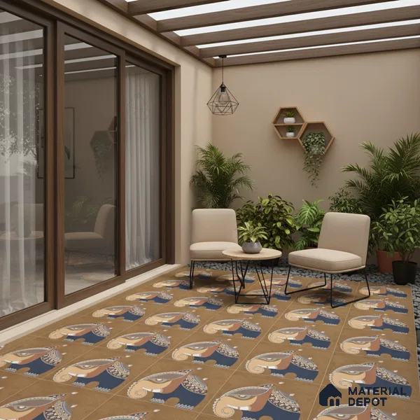 Parking Patterned Floor Tile TL 08206 B Kottai Cafe Decor 16 inch x 16 inch | Vitrified Anti Slip Matte Finish Heavy Duty Tile - 12 mm | Suitable For High Traffic Areas, Parking, Balcony | Pattern Alignment May Vary | 2-3 mm Spacer is Mandatory
