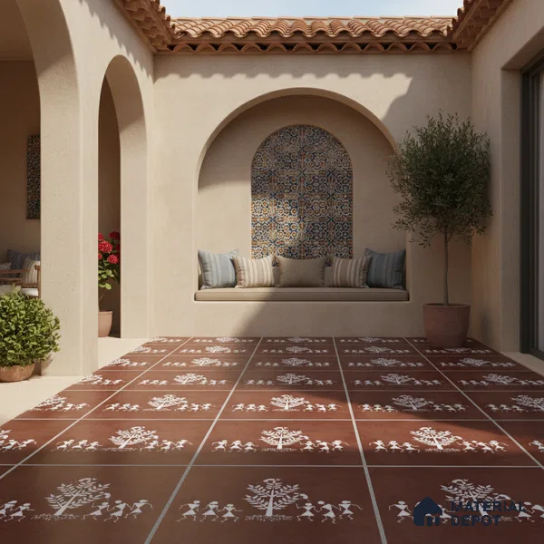 Parking Patterned Floor Tile TL 08206 D Kottai Cotto Decor 16 inch x 16 inch | Vitrified Anti Slip Matte Finish Heavy Duty Tile - 12 mm | Suitable For High Traffic Areas, Parking, Balcony | Pattern Alignment May Vary | 2-3 mm Spacer is Mandatory