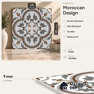 Moroccan Look Wall & Floor Tile TL 08222 Classic French 2 ft x 2 ft Vitrified Matte Finish - 9 mm | Suitable For Kitchen, Foyer, Dining Area | Please Expect a Slight Variation of Pattern