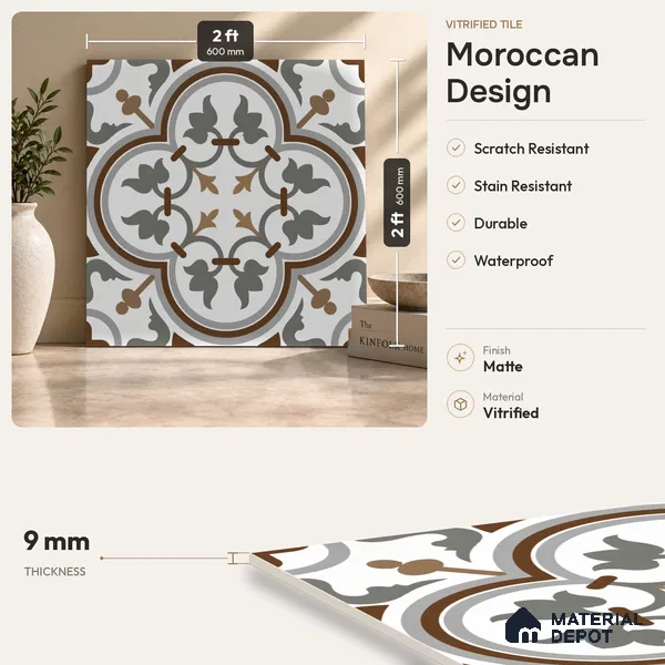 Moroccan Look Wall & Floor Tile TL 08222 Classic French 2 ft x 2 ft Vitrified Matte Finish - 9 mm | Suitable For Kitchen, Foyer, Dining Area | Please Expect a Slight Variation of Pattern
