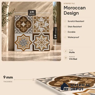 Moroccan Look Wall & Floor Tile TL 08223 Acer 2 ft x 2 ft Vitrified Matte Finish - 9 mm | Suitable For Kitchen Backsplash, Balcony, Dining Area | Please Expect a Slight Variation of Pattern