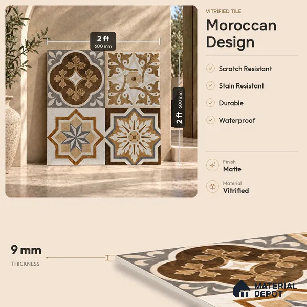 Moroccan Look Wall & Floor Tile TL 08223 Acer 2 ft x 2 ft Vitrified Matte Finish - 9 mm | Suitable For Kitchen Backsplash, Balcony, Dining Area | Please Expect a Slight Variation of Pattern