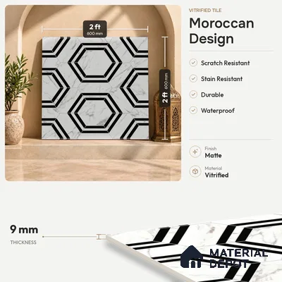 Moroccan Look Wall & Floor Tile TL 08224 Hexa White 2 ft x 2 ft Vitrified Matte Finish - 9 mm | Suitable For Kitchen Backsplash, Bathroom, Dining Area | Please Expect a Slight Variation of Pattern