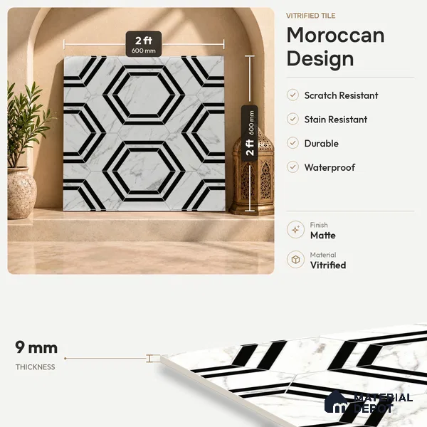Moroccan Look Wall & Floor Tile TL 08224 Hexa White 2 ft x 2 ft Vitrified Matte Finish - 9 mm | Suitable For Kitchen Backsplash, Bathroom, Dining Area | Please Expect a Slight Variation of Pattern