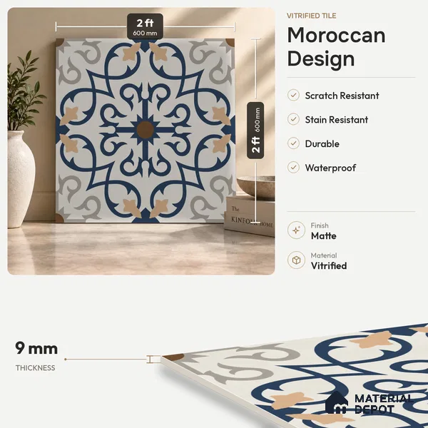 Moroccan Look Wall & Floor Tile TL 08225 Masai 2 ft x 2 ft Vitrified Matte Finish - 9 mm | Suitable For Kitchen Backsplash, Balcony, Dining Area | Please Expect a Slight Variation of Pattern