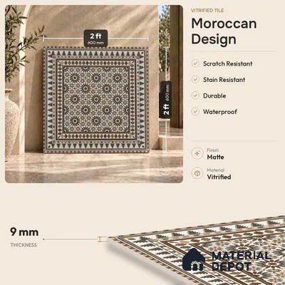 Moroccan Look Wall & Floor Tile TL 08227 Myra 2 ft x 2 ft Vitrified Matte Finish - 9 mm | Suitable For Kitchen, Bedroom, Dining Area | Please Expect a Slight Variation of Pattern