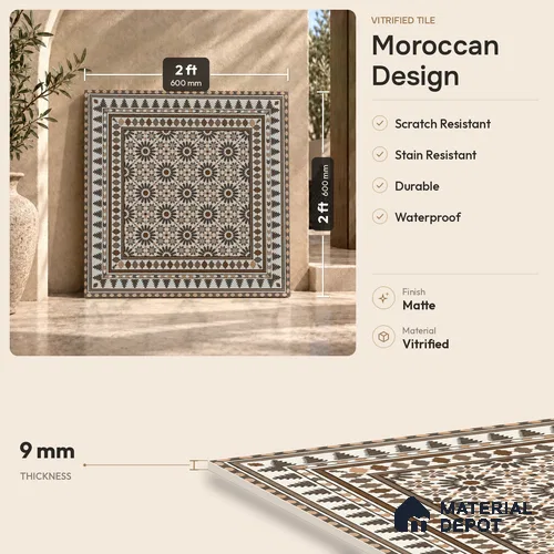 Moroccan Look Wall & Floor Tile TL 08227 Myra 2 ft x 2 ft Vitrified Matte Finish - 9 mm | Suitable For Kitchen, Bedroom, Dining Area | Please Expect a Slight Variation of Pattern