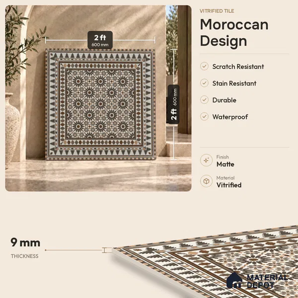Moroccan Look Wall & Floor Tile TL 08227 Myra 2 ft x 2 ft Vitrified Matte Finish - 9 mm | Suitable For Kitchen, Bedroom, Dining Area | Please Expect a Slight Variation of Pattern