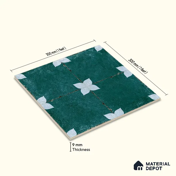 Moroccan Floor & Wall Athangudi Tile TL 08314 C Astria Verde 1 ft x 1 ft Matte Finish Vitrified Tile - 9 mm | Suitable for Bathroom, Kitchen, Balcony | Please Expect a Slight Variation of Pattern