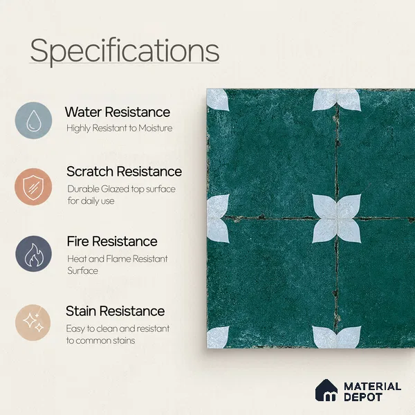 Moroccan Floor & Wall Athangudi Tile TL 08314 C Astria Verde 1 ft x 1 ft Matte Finish Vitrified Tile - 9 mm | Suitable for Bathroom, Kitchen, Balcony | Please Expect a Slight Variation of Pattern