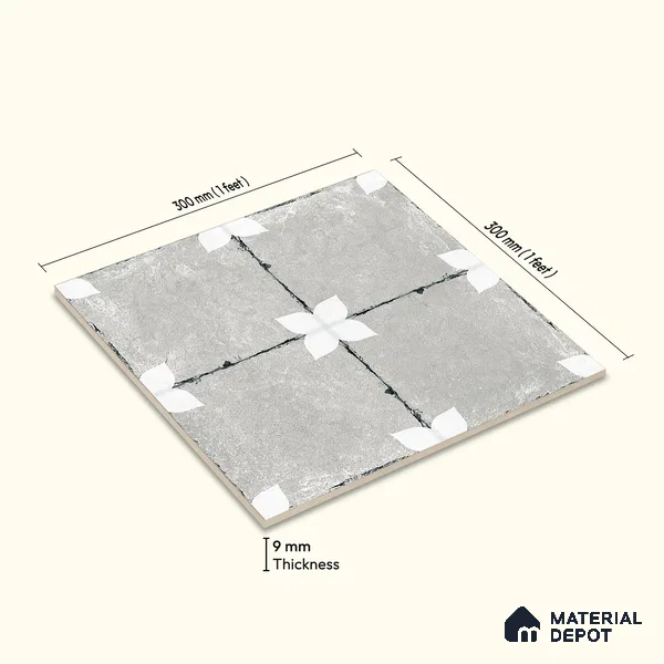 Moroccan Floor & Wall Athangudi Tile TL 08314 D Astria Gris 1 ft x 1 ft Matte Finish Vitrified Tile - 9 mm | Suitable for Bathroom, Kitchen, Balcony | Please Expect a Slight Variation of Pattern