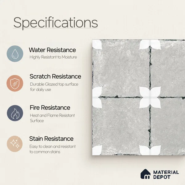 Moroccan Floor & Wall Athangudi Tile TL 08314 D Astria Gris 1 ft x 1 ft Matte Finish Vitrified Tile - 9 mm | Suitable for Bathroom, Kitchen, Balcony | Please Expect a Slight Variation of Pattern