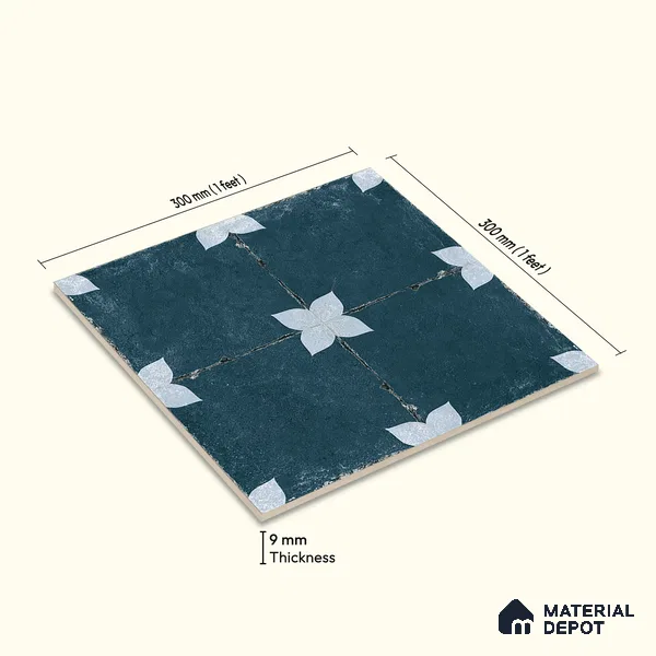 Moroccan Floor & Wall Athangudi Tile TL 08314 Astria Azul 1 ft x 1 ft Matte Finish Vitrified Tile - 9 mm | Suitable for Bathroom, Kitchen, Balcony | Please Expect a Slight Variation of Pattern