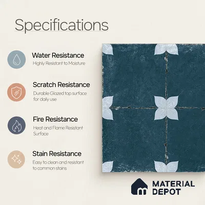 Moroccan Floor & Wall Athangudi Tile TL 08314 Astria Azul 1 ft x 1 ft Matte Finish Vitrified Tile - 9 mm | Suitable for Bathroom, Kitchen, Balcony | Please Expect a Slight Variation of Pattern