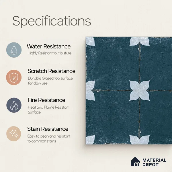 Moroccan Floor & Wall Athangudi Tile TL 08314 Astria Azul 1 ft x 1 ft Matte Finish Vitrified Tile - 9 mm | Suitable for Bathroom, Kitchen, Balcony | Please Expect a Slight Variation of Pattern