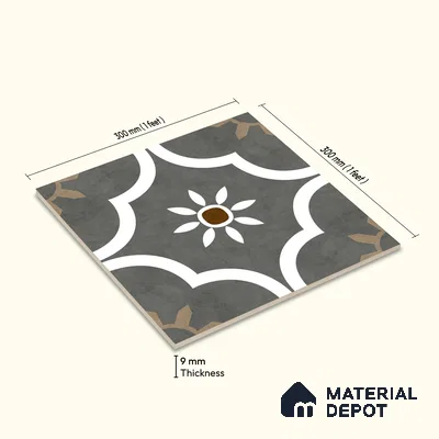 Moroccan Floor & Wall Athangudi Tile TL 08315 Omega Gris 1 ft x 1 ft Matte Finish Vitrified Tile - 9 mm | Suitable for Bathroom, Kitchen, Balcony | Please Expect a Slight Variation of Pattern