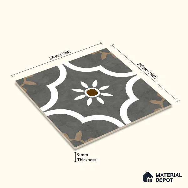 Moroccan Floor & Wall Athangudi Tile TL 08315 Omega Gris 1 ft x 1 ft Matte Finish Vitrified Tile - 9 mm | Suitable for Bathroom, Kitchen, Balcony | Please Expect a Slight Variation of Pattern