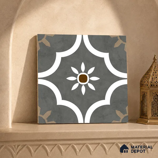 Moroccan Floor & Wall Athangudi Tile TL 08315 Omega Gris 1 ft x 1 ft Matte Finish Vitrified Tile - 9 mm | Suitable for Bathroom, Kitchen, Balcony | Please Expect a Slight Variation of Pattern