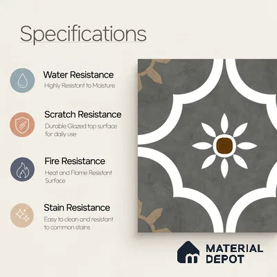 Moroccan Floor & Wall Athangudi Tile TL 08315 Omega Gris 1 ft x 1 ft Matte Finish Vitrified Tile - 9 mm | Suitable for Bathroom, Kitchen, Balcony | Please Expect a Slight Variation of Pattern