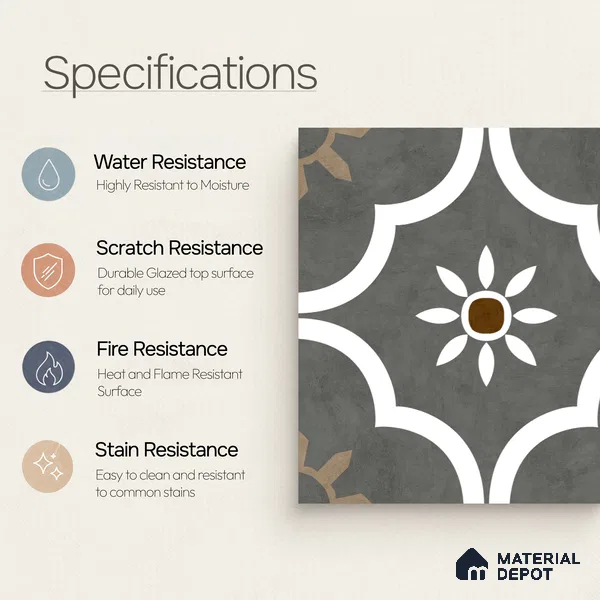 Moroccan Floor & Wall Athangudi Tile TL 08315 Omega Gris 1 ft x 1 ft Matte Finish Vitrified Tile - 9 mm | Suitable for Bathroom, Kitchen, Balcony | Please Expect a Slight Variation of Pattern
