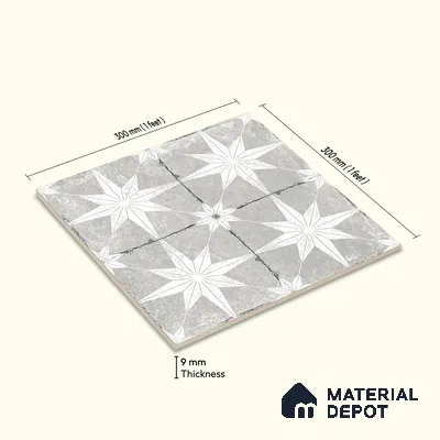 Moroccan Floor & Wall Athangudi Tile TL 08317 B Athena Gris 1 ft x 1 ft Matte Finish Vitrified Tile - 9 mm | Suitable for Bathroom, Kitchen, Balcony | Please Expect a Slight Variation of Pattern