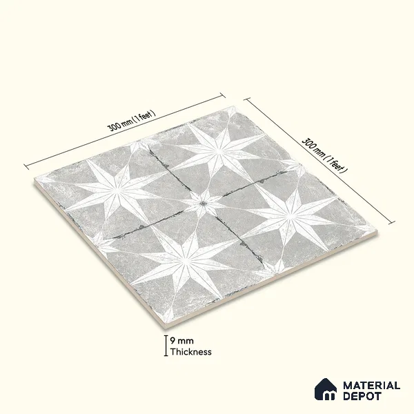 Moroccan Floor & Wall Athangudi Tile TL 08317 B Athena Gris 1 ft x 1 ft Matte Finish Vitrified Tile - 9 mm | Suitable for Bathroom, Kitchen, Balcony | Please Expect a Slight Variation of Pattern