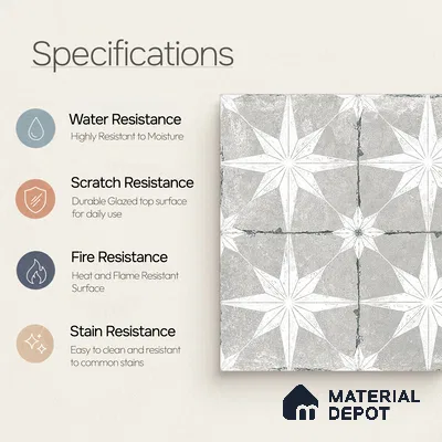 Moroccan Floor & Wall Athangudi Tile TL 08317 B Athena Gris 1 ft x 1 ft Matte Finish Vitrified Tile - 9 mm | Suitable for Bathroom, Kitchen, Balcony | Please Expect a Slight Variation of Pattern