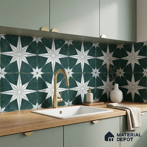 Moroccan Floor & Wall Athangudi Tile TL 08317 D Athena Verde 1 ft x 1 ft Matte Finish Vitrified Tile - 9 mm | Suitable for Bathroom, Kitchen, Balcony | Please Expect a Slight Variation of Pattern