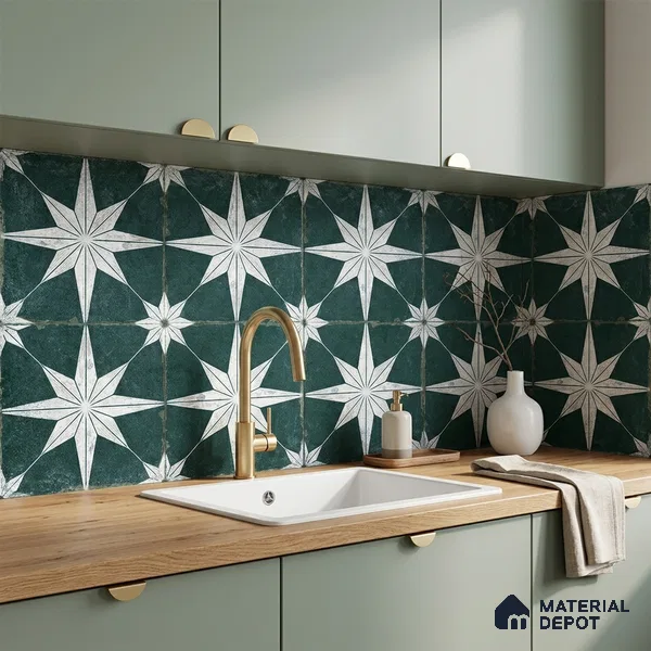Moroccan Floor & Wall Athangudi Tile TL 08317 D Athena Verde 1 ft x 1 ft Matte Finish Vitrified Tile - 9 mm | Suitable for Bathroom, Kitchen, Balcony | Please Expect a Slight Variation of Pattern