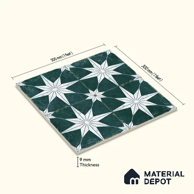 Moroccan Floor & Wall Athangudi Tile TL 08317 D Athena Verde 1 ft x 1 ft Matte Finish Vitrified Tile - 9 mm | Suitable for Bathroom, Kitchen, Balcony | Please Expect a Slight Variation of Pattern