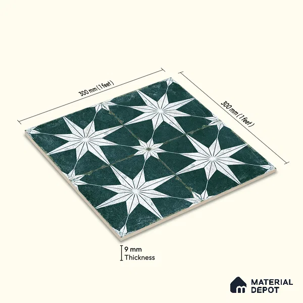 Moroccan Floor & Wall Athangudi Tile TL 08317 D Athena Verde 1 ft x 1 ft Matte Finish Vitrified Tile - 9 mm | Suitable for Bathroom, Kitchen, Balcony | Please Expect a Slight Variation of Pattern