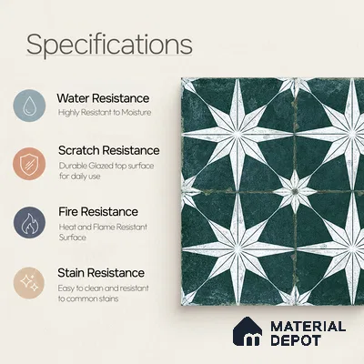 Moroccan Floor & Wall Athangudi Tile TL 08317 D Athena Verde 1 ft x 1 ft Matte Finish Vitrified Tile - 9 mm | Suitable for Bathroom, Kitchen, Balcony | Please Expect a Slight Variation of Pattern