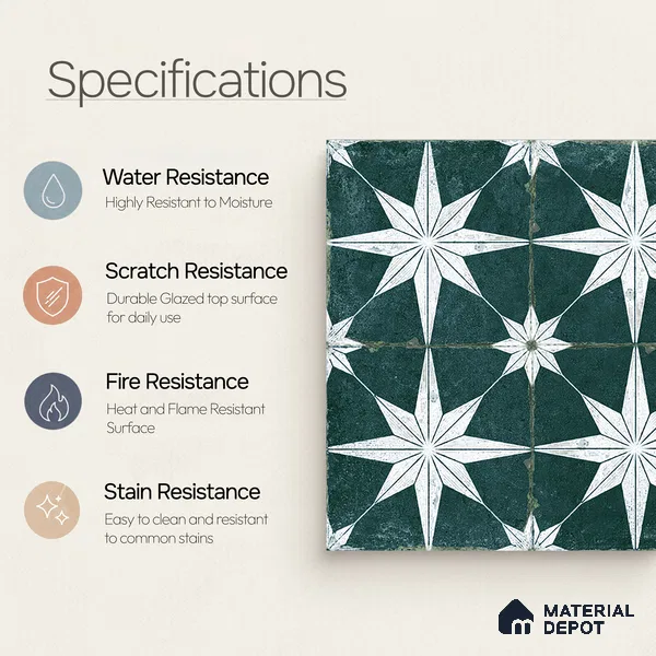 Moroccan Floor & Wall Athangudi Tile TL 08317 D Athena Verde 1 ft x 1 ft Matte Finish Vitrified Tile - 9 mm | Suitable for Bathroom, Kitchen, Balcony | Please Expect a Slight Variation of Pattern