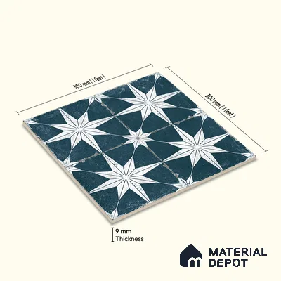 Moroccan Floor & Wall Athangudi Tile TL 08317 Athena Azul 1 ft x 1 ft Matte Finish Vitrified Tile - 9 mm | Suitable for Bathroom, Kitchen, Balcony | Please Expect a Slight Variation of Pattern