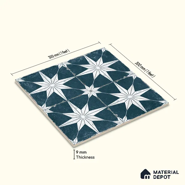 Moroccan Floor & Wall Athangudi Tile TL 08317 Athena Azul 1 ft x 1 ft Matte Finish Vitrified Tile - 9 mm | Suitable for Bathroom, Kitchen, Balcony | Please Expect a Slight Variation of Pattern