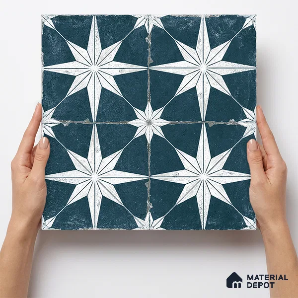 Moroccan Floor & Wall Athangudi Tile TL 08317 Athena Azul 1 ft x 1 ft Matte Finish Vitrified Tile - 9 mm | Suitable for Bathroom, Kitchen, Balcony | Please Expect a Slight Variation of Pattern