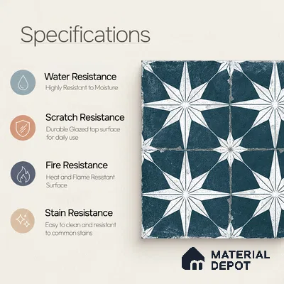 Moroccan Floor & Wall Athangudi Tile TL 08317 Athena Azul 1 ft x 1 ft Matte Finish Vitrified Tile - 9 mm | Suitable for Bathroom, Kitchen, Balcony | Please Expect a Slight Variation of Pattern