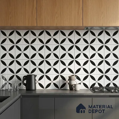 Moroccan Floor & Wall Tile TL 08318 B Monochrome Aura Nero 1 ft x 1 ft Matte Finish Vitrified Tile - 9 mm | Suitable for Bathroom, Kitchen, Entryway | Please Expect a Slight Variation of Pattern