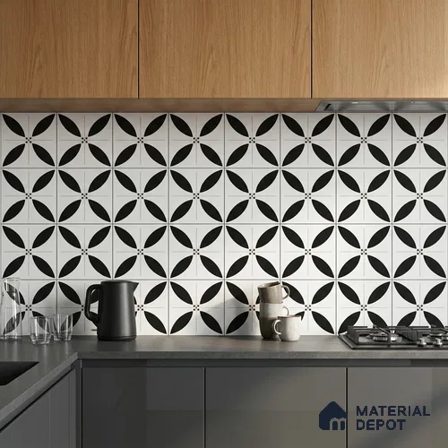 Moroccan Floor & Wall Tile TL 08318 B Monochrome Aura Nero 1 ft x 1 ft Matte Finish Vitrified Tile - 9 mm | Suitable for Bathroom, Kitchen, Entryway | Please Expect a Slight Variation of Pattern