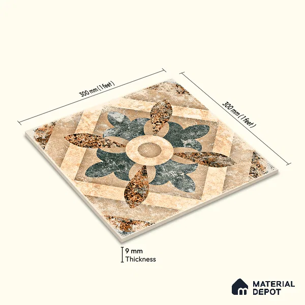Moroccan Floor & Wall Tile TL 08321 Harmonia 1 ft x 1 ft Matte Finish Vitrified Tile - 9 mm | Suitable for Bathroom, Kitchen, Balcony | Please Expect a Slight Variation of Pattern