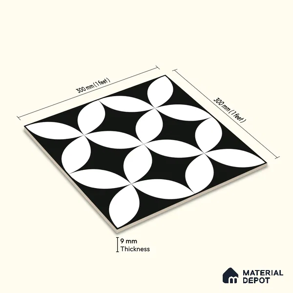 Moroccan Floor & Wall Tile TL 08322 Monochrome Helios 1 ft x 1 ft Matte Finish Vitrified Tile - 9 mm | Suitable for Bathroom, Kitchen, Entryway | Please Expect a Slight Variation of Pattern